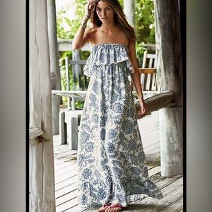 Victoria’s Secret Strapless Blue & White Floral Linen Maxi Dress | XS
